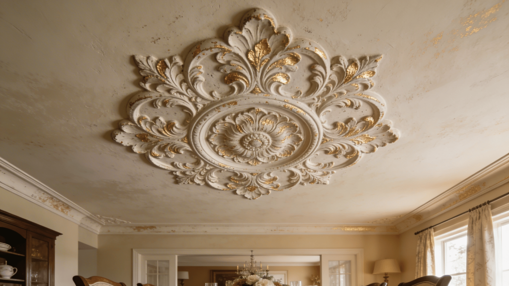 ornate plaster ceiling medallion with gold accents adds vintage elegance to a classic dining room with warm light.