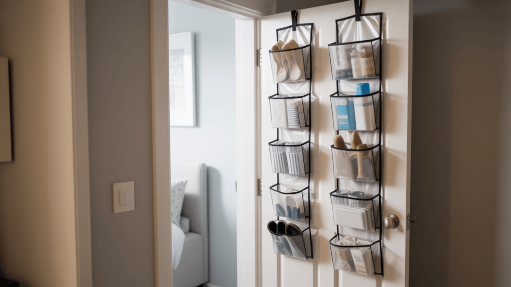 over-the-door hanging organizer storing shoes and daily essentials in a compact and neatly arranged bedroom space