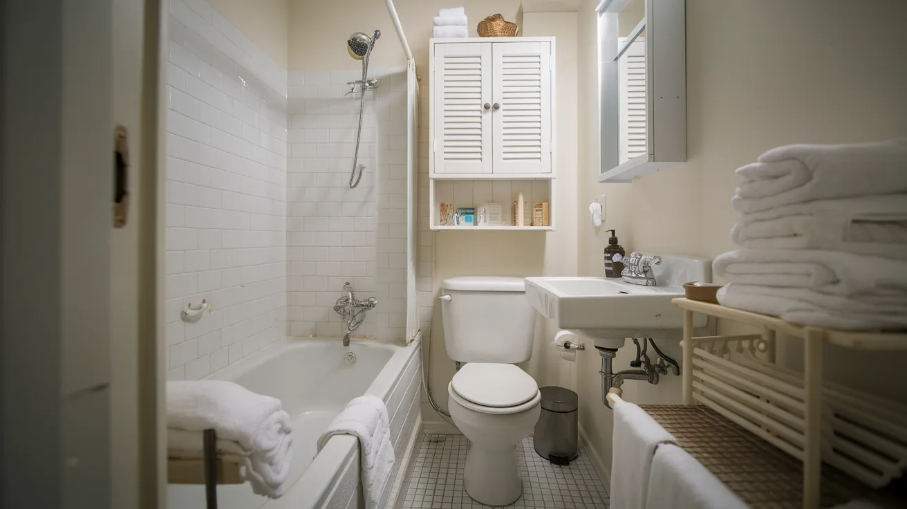 over the toilet storage cabinet with towels in a small bathroom