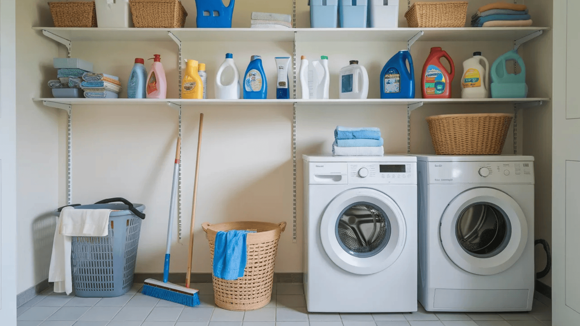 over the washer shelves with storage of detergants and mops below