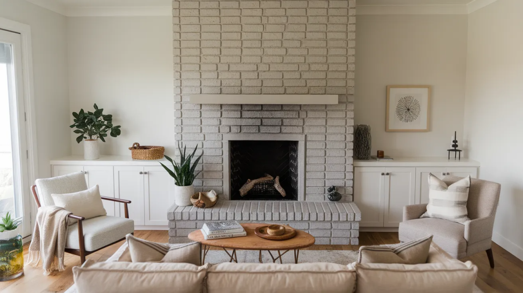 painted brick fireplace accent wall with a modern finish in a cozy updated living room