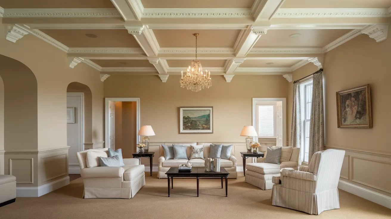 painted ceiling beams combined with crown molding in a traditional living room