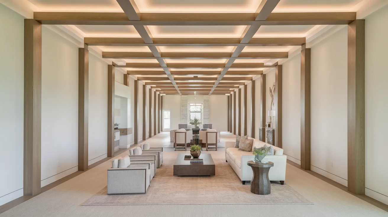 parallel wood ceiling beams running across a long open concept living room