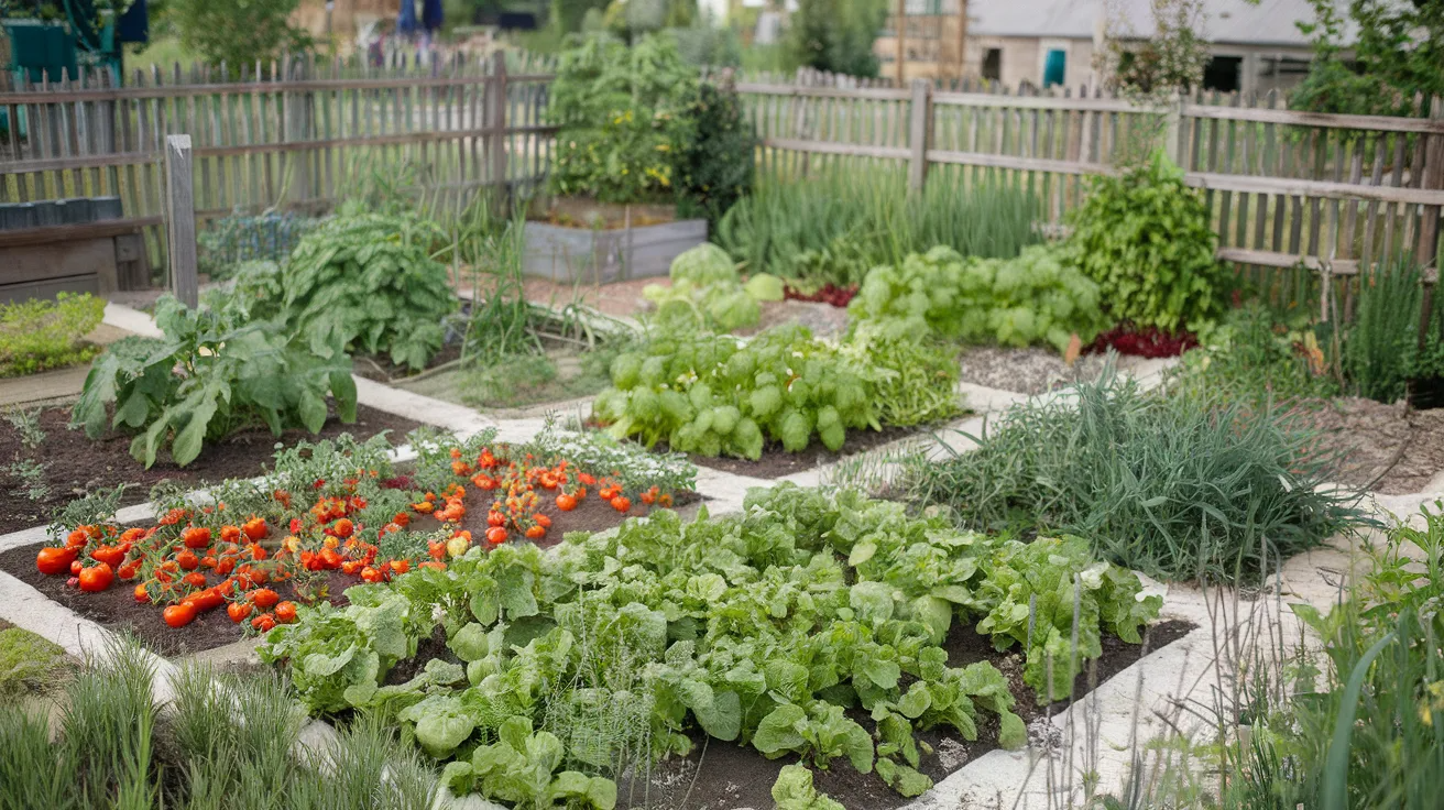 patchwork vegetable garden layout with small planting sections, each growing different vegetables