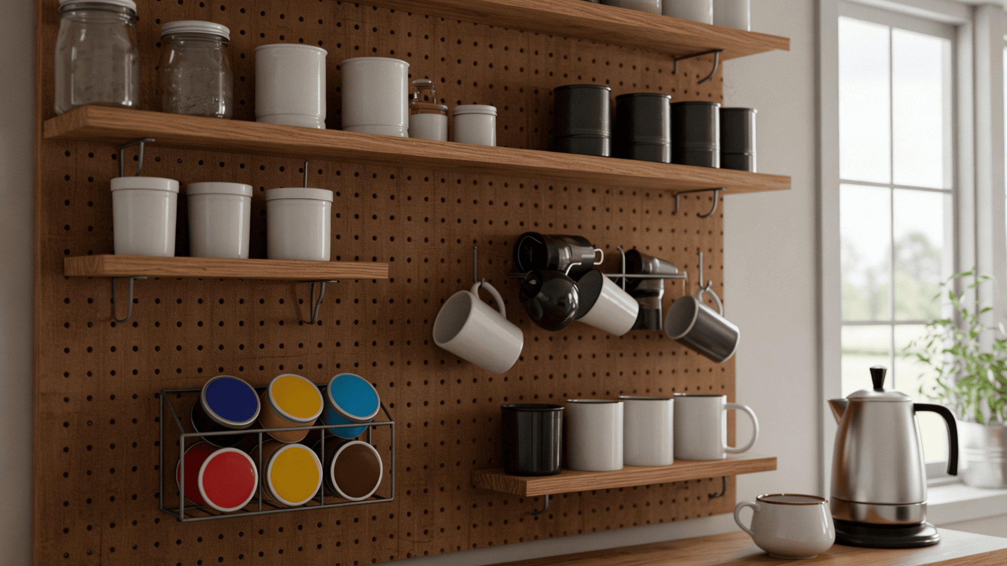 pegboard coffee organizer with hooks and shelves on a kitchen wall