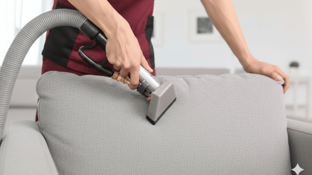 person cleaning a gray upholstered sofa using a vacuum attachment, focusing on the cushion while wearing a maroon uniform.