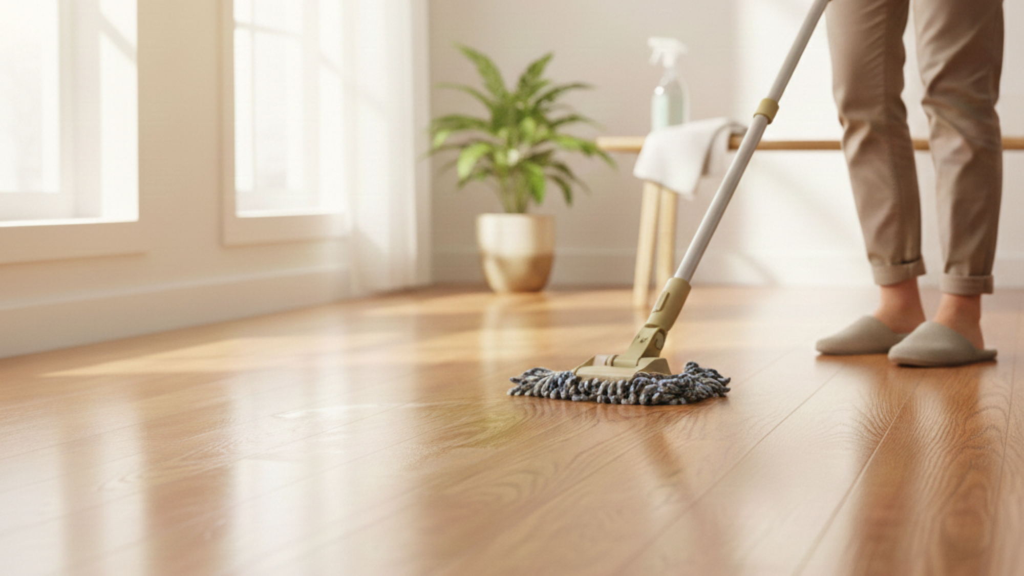person mopping a shiny wooden floor in a bright living room with natural sunlight, a green houseplant, and cleaning supplies in the background.