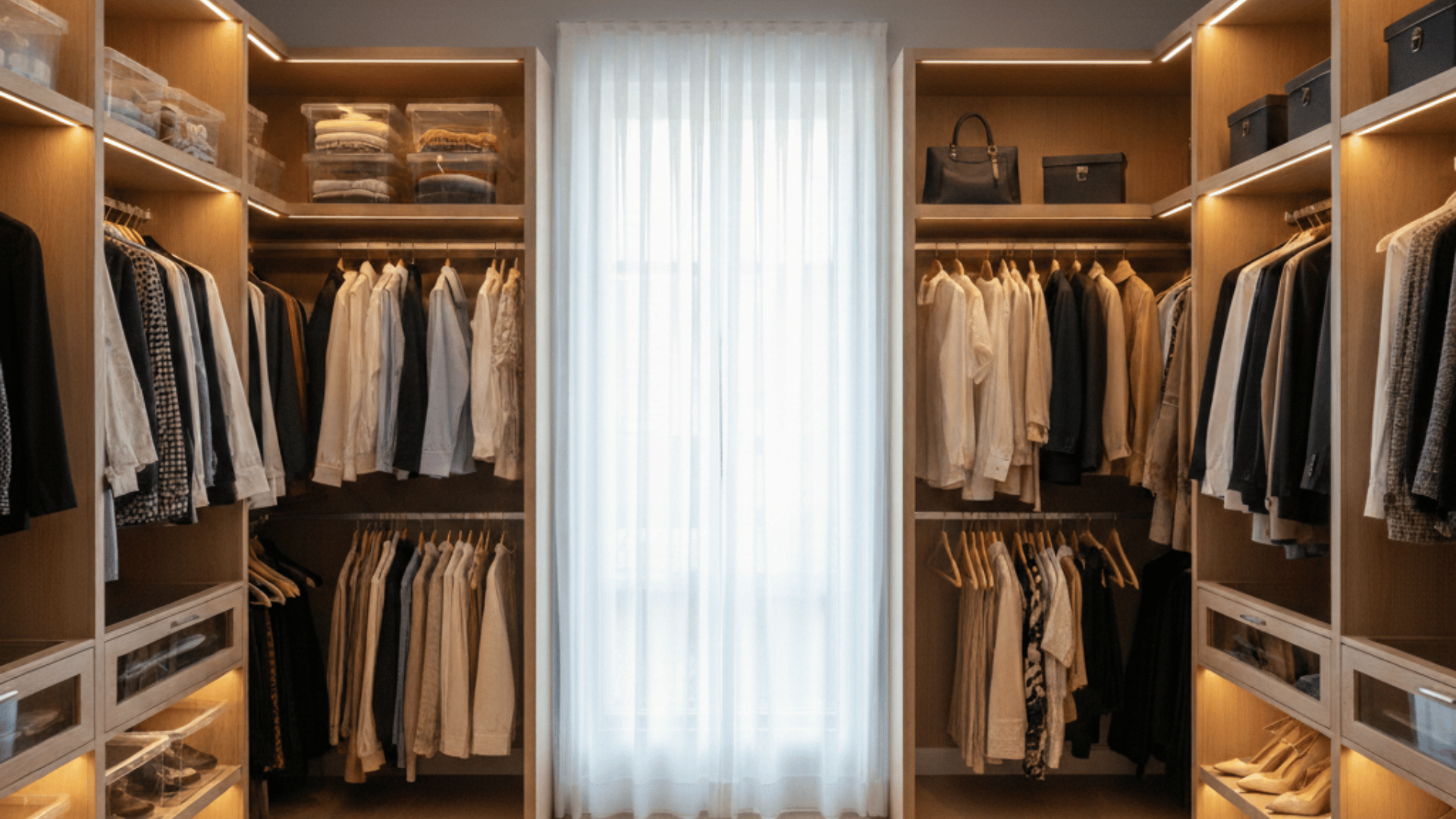 person organizing clothes in a spacious, well-lit closet with wooden shelves, hanging garments, and neatly arranged shoes. (2)