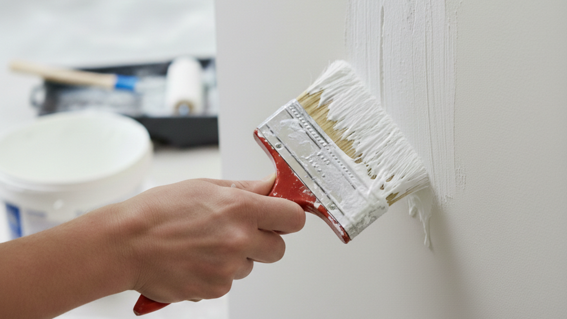 person painting a wall with a paintbrush, applying a fresh coat of adhesive