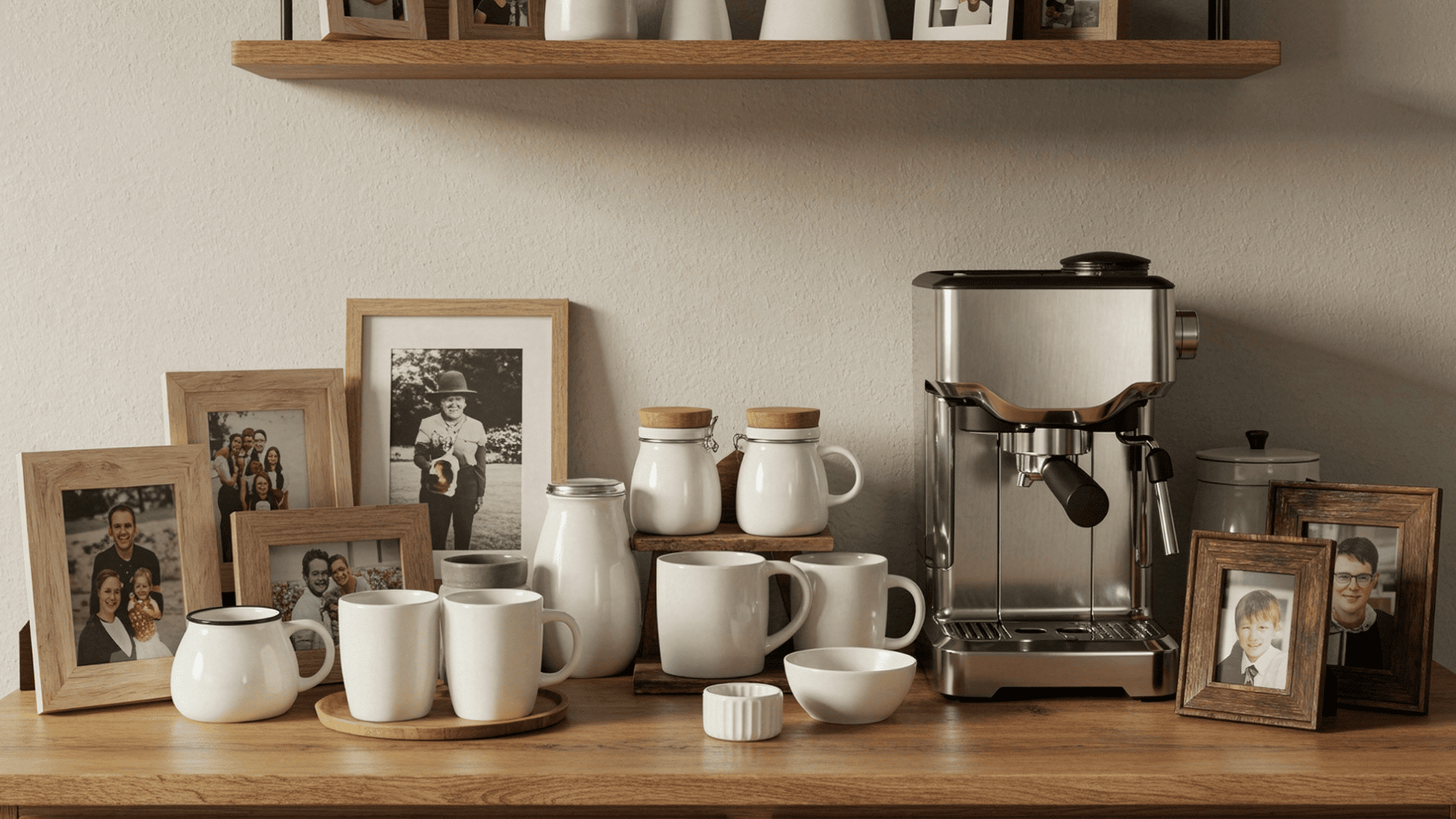 personal coffee station with meaningful mugs and framed photos