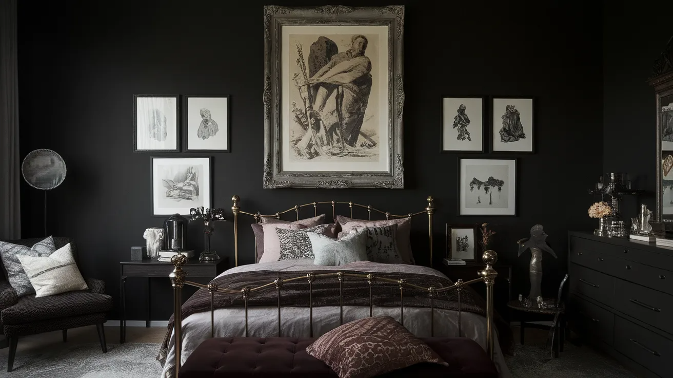 personal wall art in a gothic bedroom with framed vintage prints on dark walls for a calm and collected look