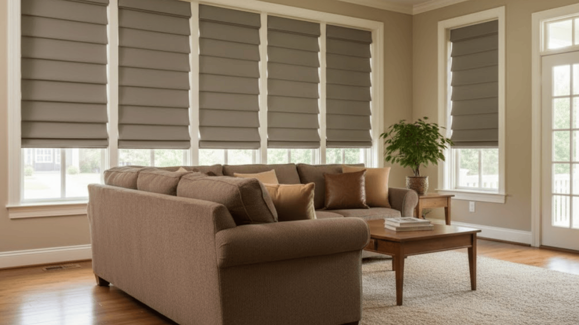 pleated Roman shades in a living room window, creating soft folds that add texture to the space