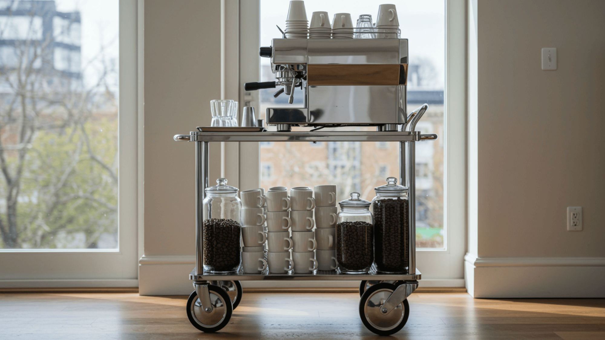 portable rolling coffee cart with machine and mugs on wheels
