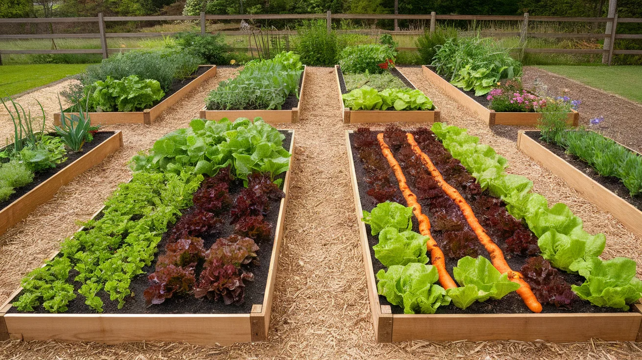 raised bed vegetable garden laid out in a grid pattern with multiple wooden beds, clear paths, and evenly spaced vegetables