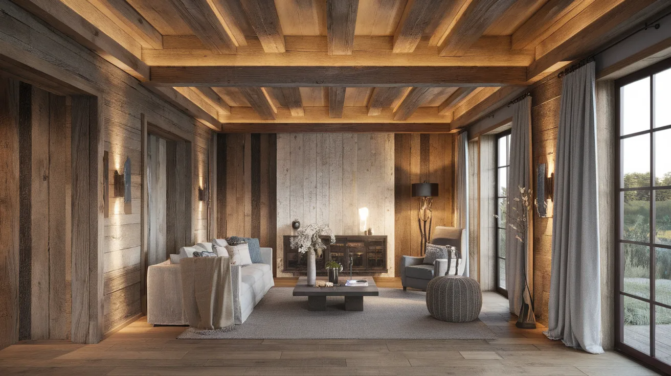 reclaimed wood ceiling beams with natural texture in a cozy farmhouse living room
