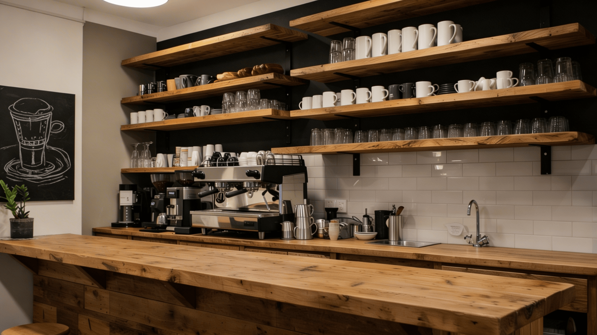 reclaimed wood coffee bar with salvaged shelves and natural textures