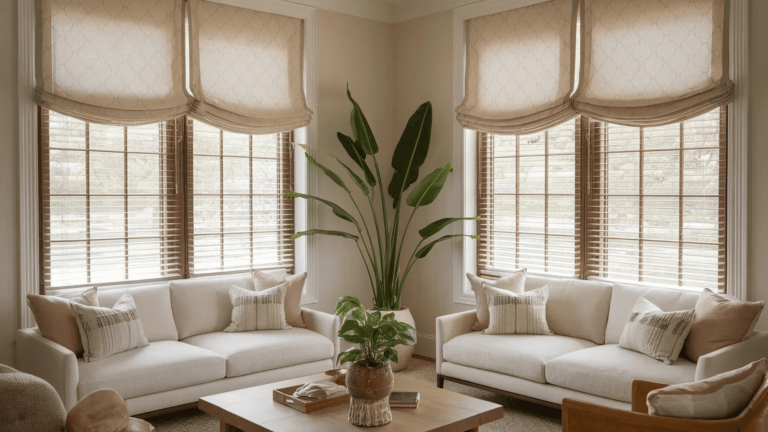 _relaxed Roman shades on windows, paired with comfortable sofas and plants for a cozy, stylish setting