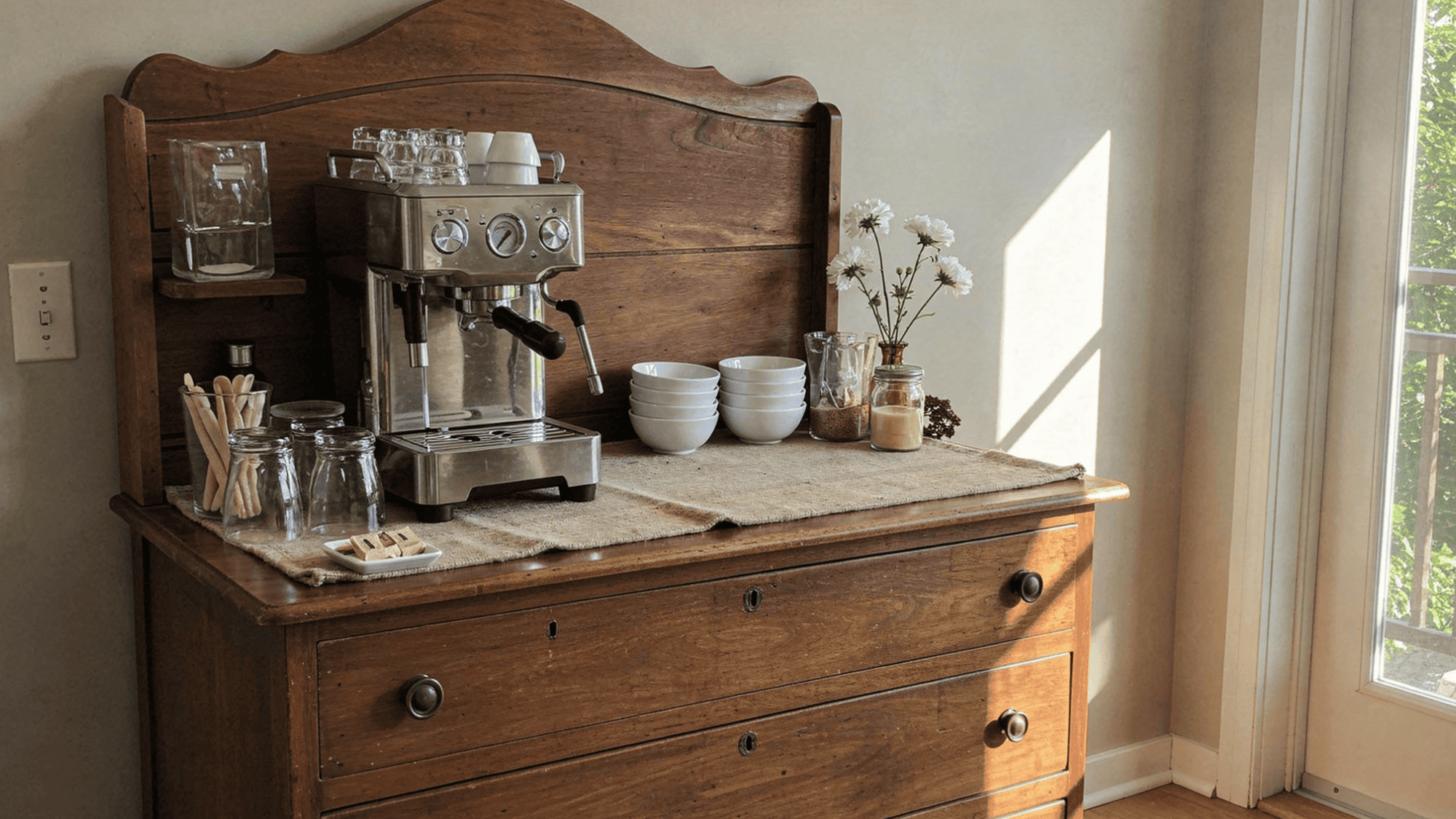 repurposed dresser coffee bar with machine on top and drawer storage