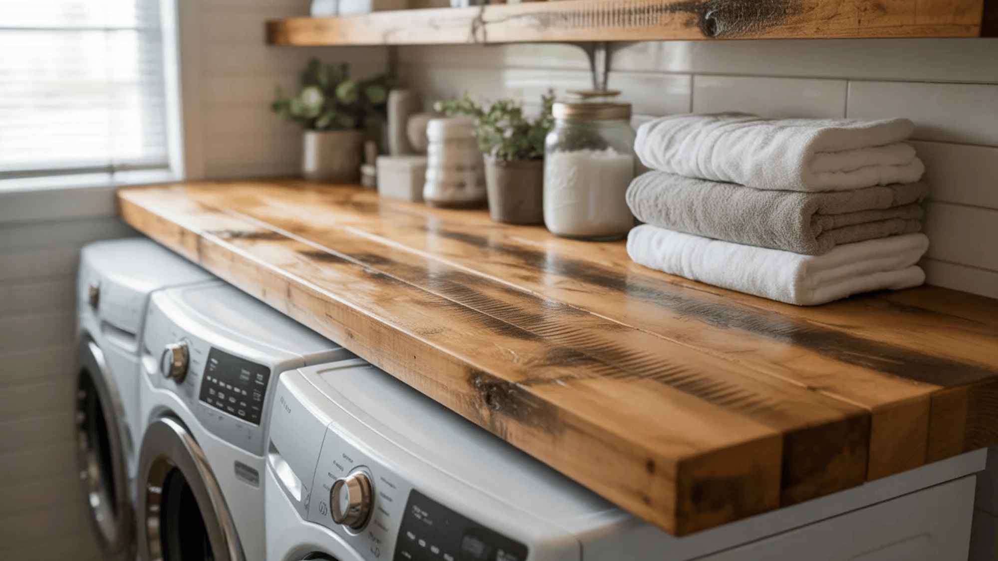 repurposed wooden shelves in a laundry room for rustic storage