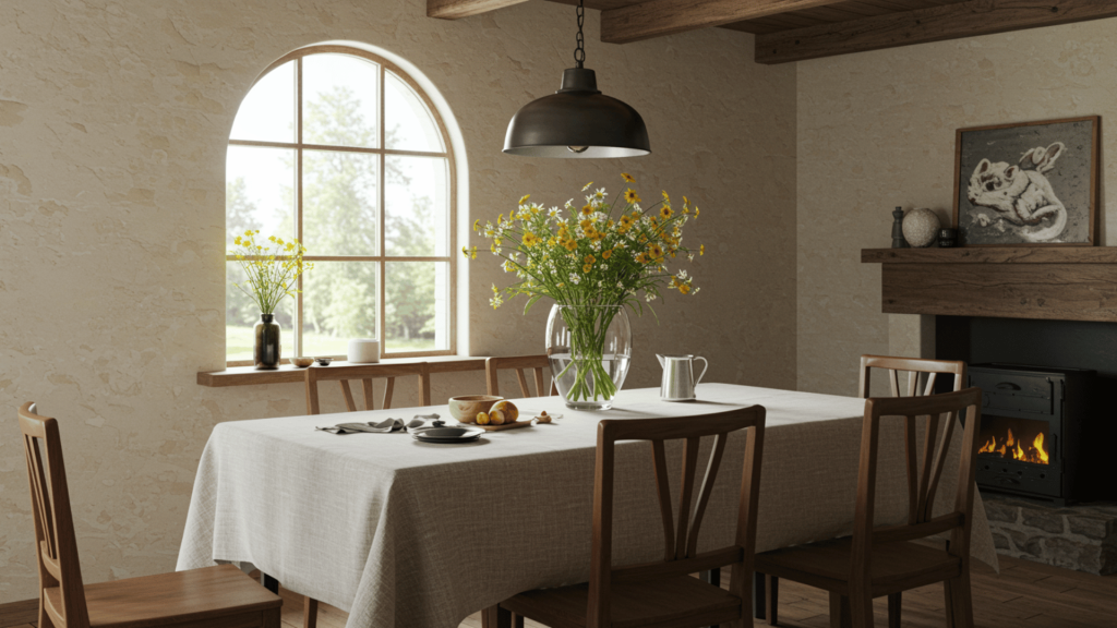 rustic dining room with an arched window, wooden table with linen tablecloth, fresh wildflowers centerpiece, and cozy fireplace.