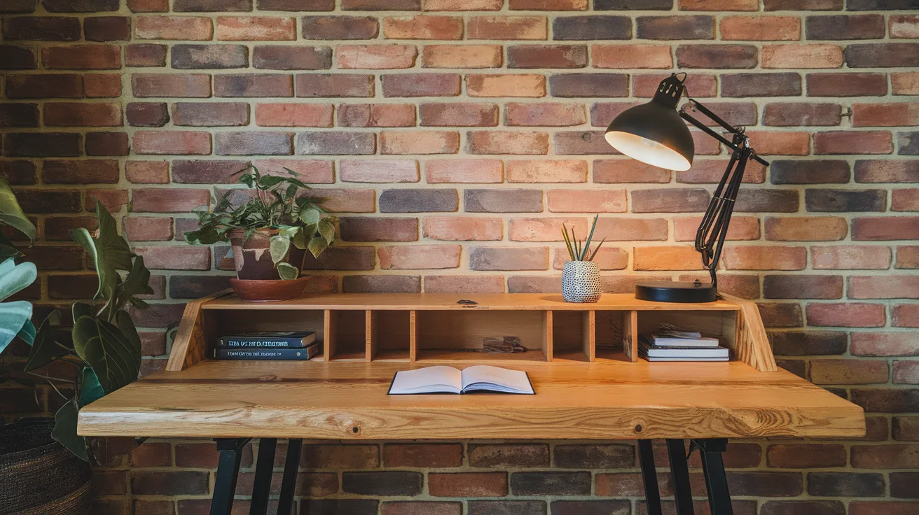 rustic diy wood desk showing natural grain and sturdy design placed in a warm home office space