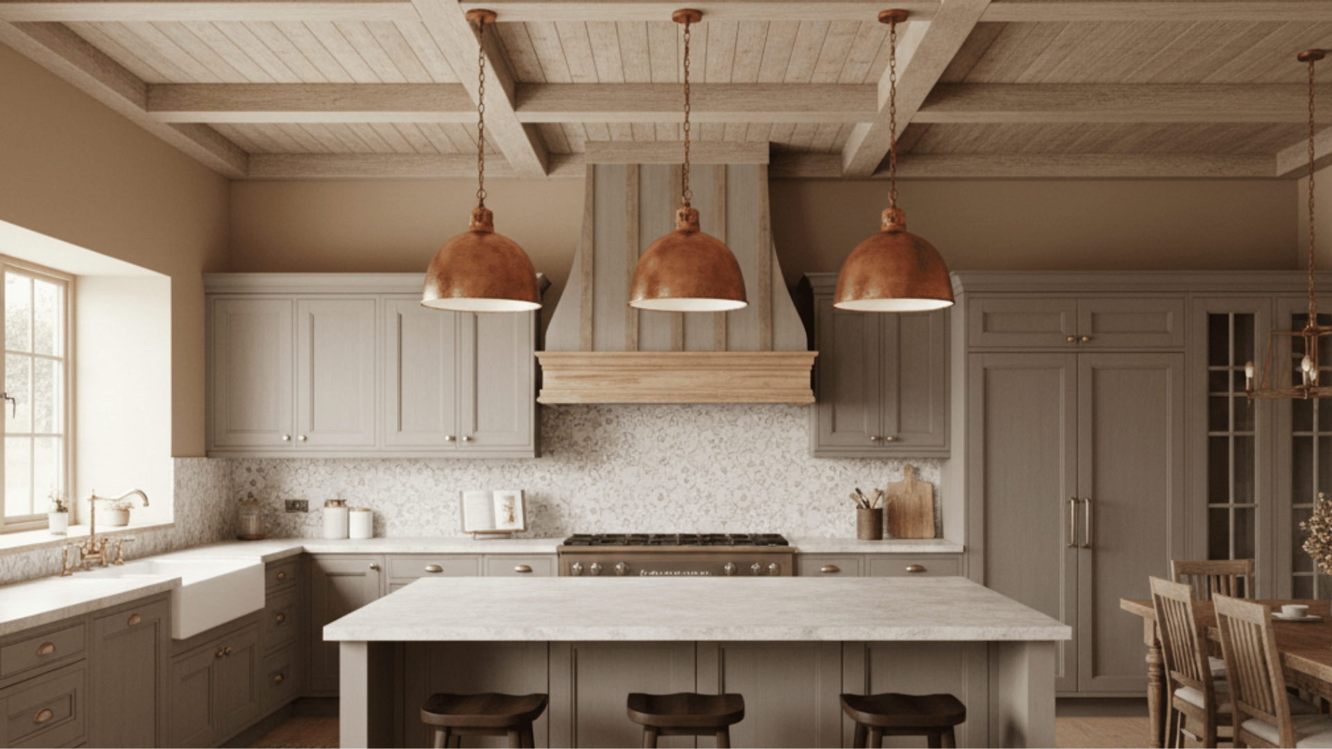 rustic kitchen featuring a light wood coffered ceiling, muted grey cabinetry, copper pendant lights, and a large central island.