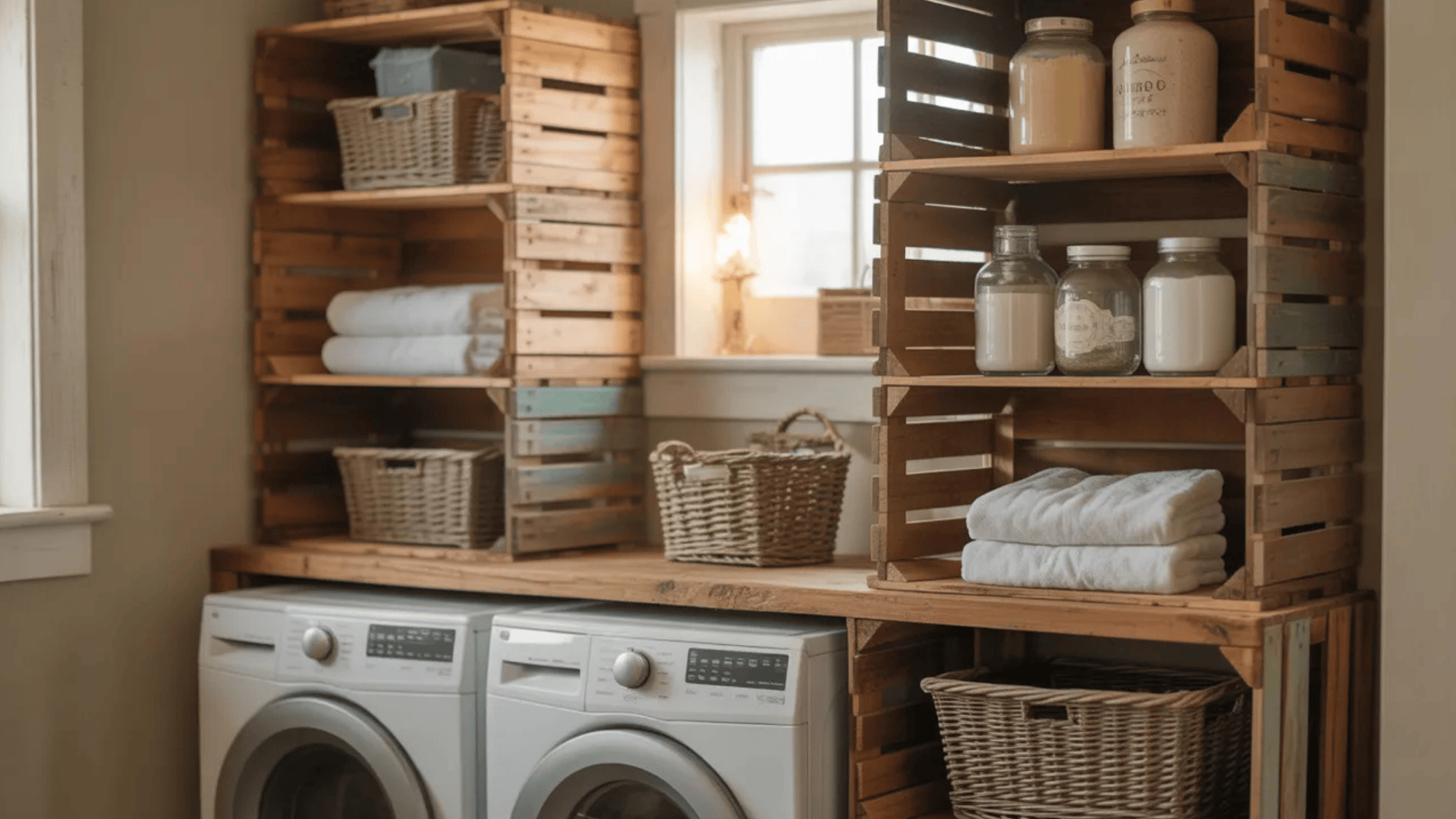 rustic laundry room shelves made from wooden crates, neatly storing towels, baskets, and jars