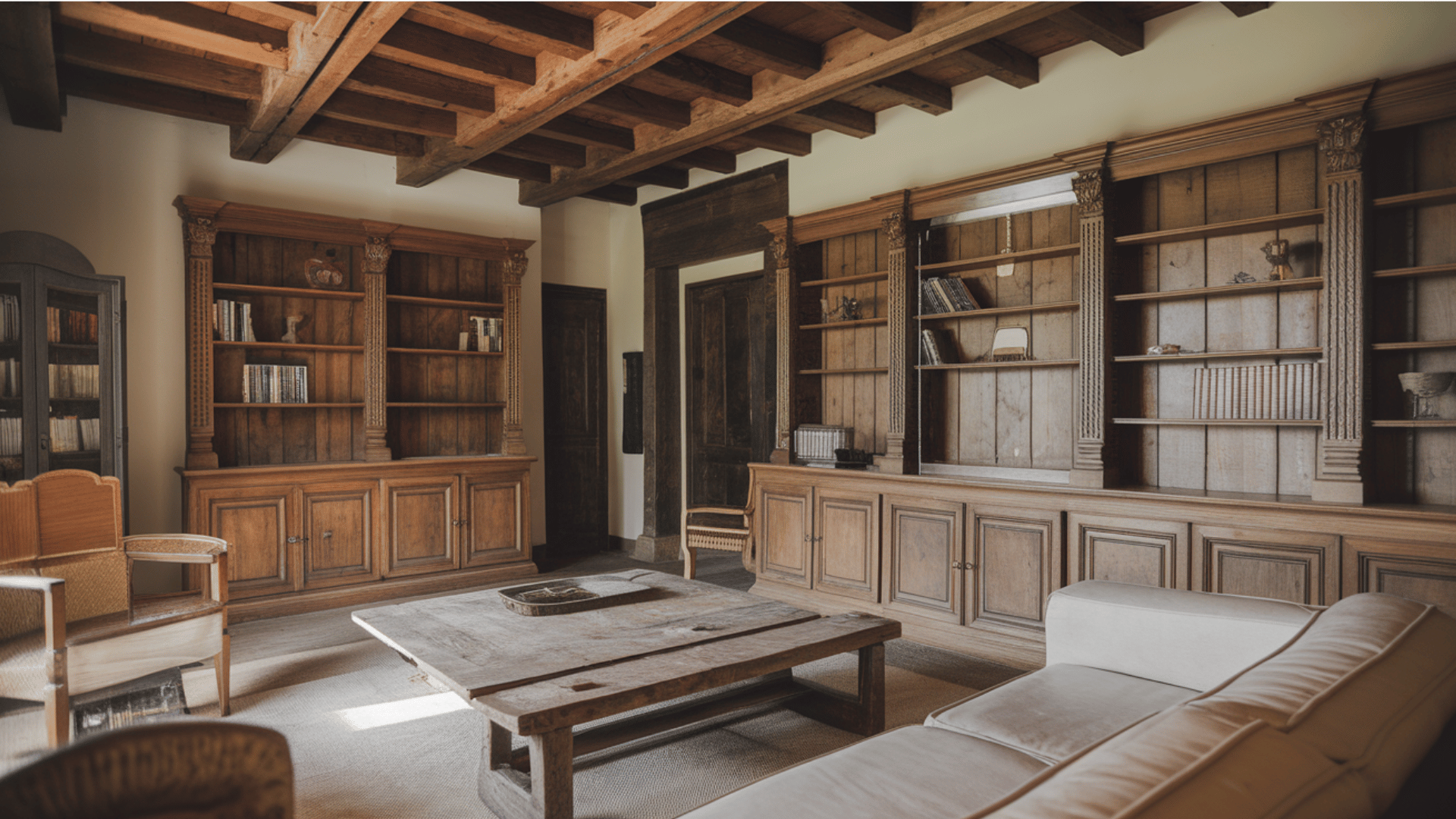rustic living room featuring an antique wood-beamed ceiling, extensive built-in wooden shelving, and a low central coffee table.
