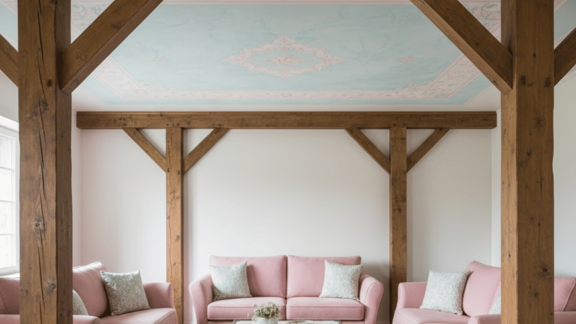 rustic living space with pink sofas, wooden support beams, and a soft pastel ceiling mural above a white trunk table