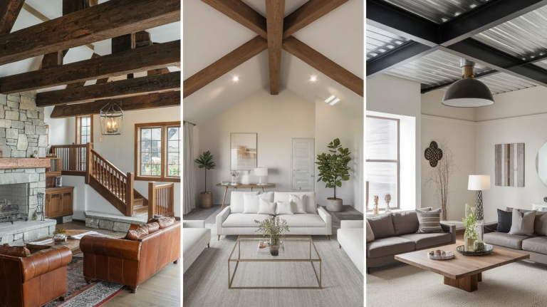 rustic, modern, and industrial living rooms showcasing different ceiling beam styles including dark wood, vaulted wood, and black metal beams