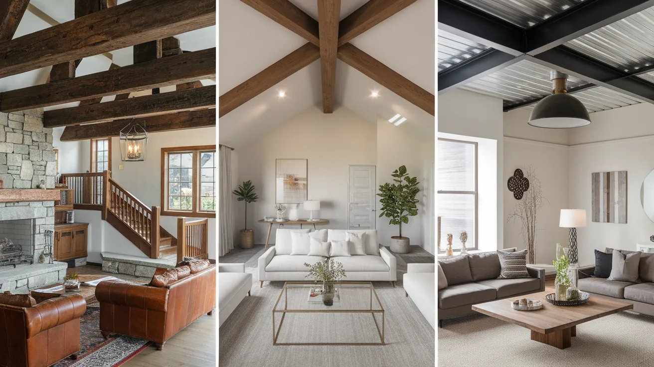rustic, modern, and industrial living rooms showcasing different ceiling beam styles including dark wood, vaulted wood, and black metal beams