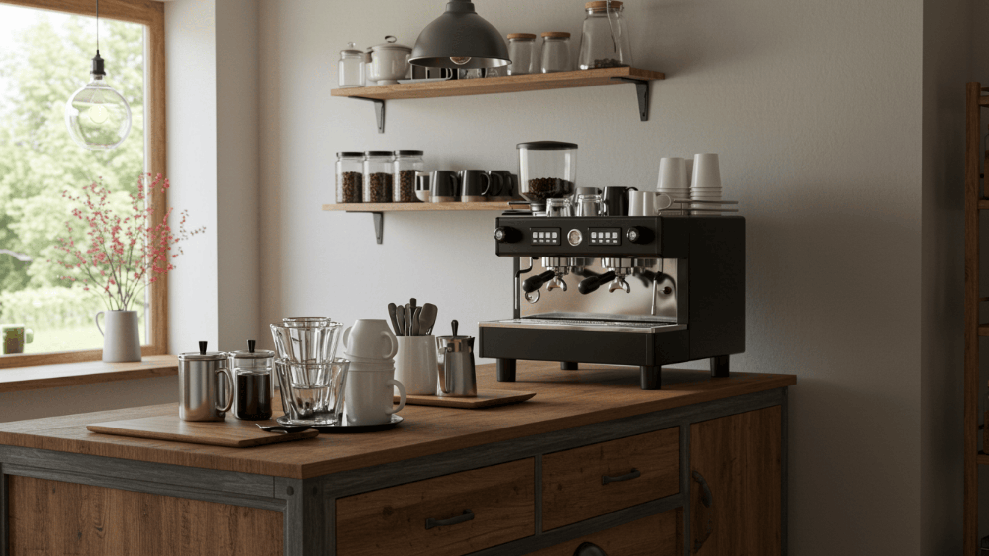 rustic wooden counter coffee station with coffee machine and mugs