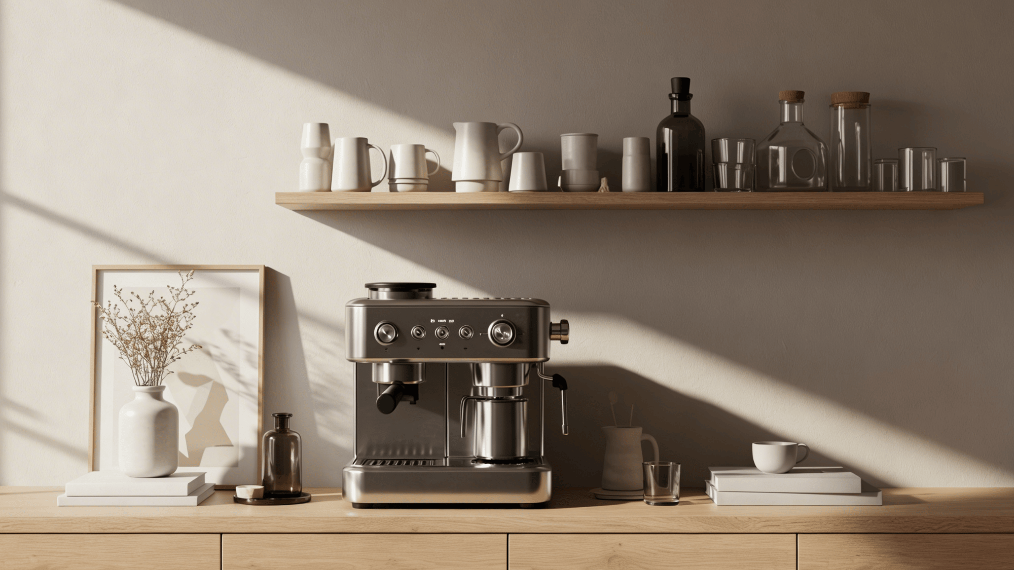 scandinavian minimal coffee bar with neutral tones and wood accents