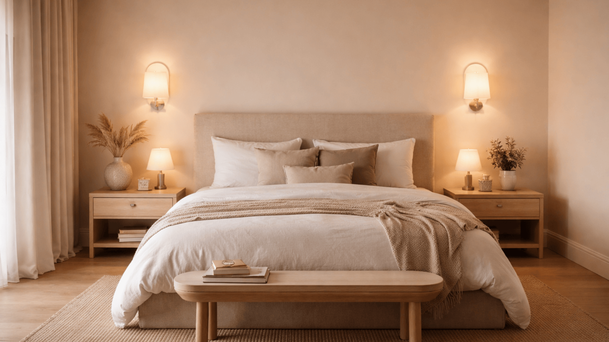 serene bedroom with soft lighting from wall sconces, a comfortable bed, and minimalist furniture.