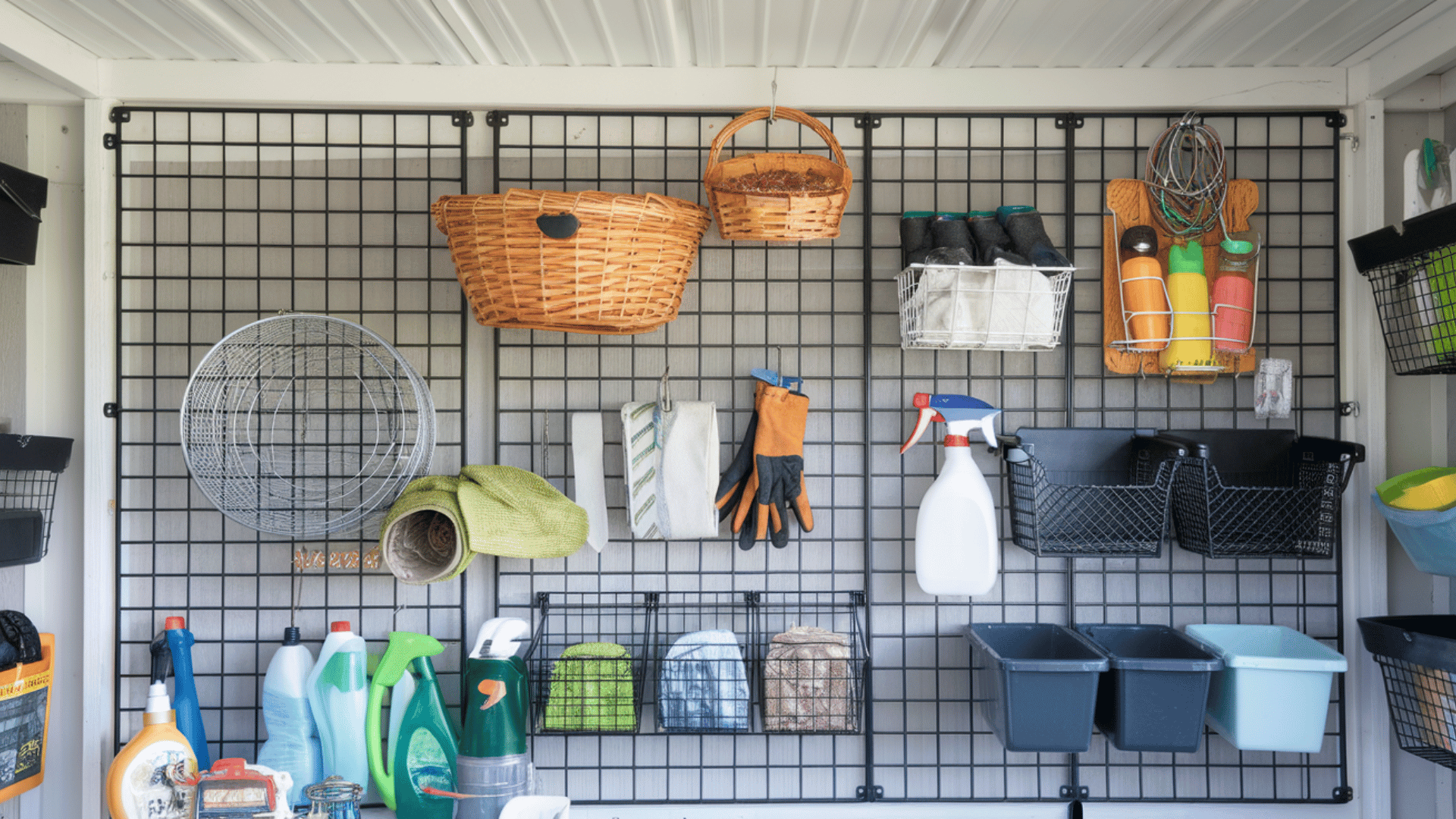 shed interior with grid wall panels organizing baskets, gloves, spray bottles, cleaning supplies, and storage bins.