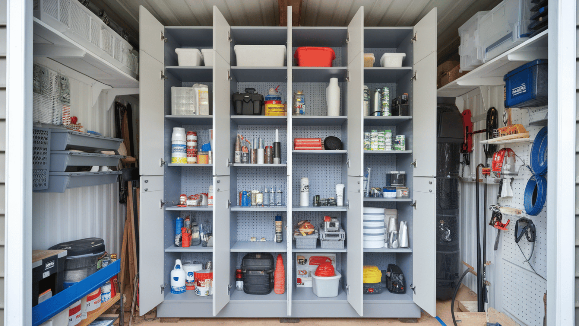 shed interior with tall gray storage cabinets, open doors revealing organized tools, bins, and household supplies.