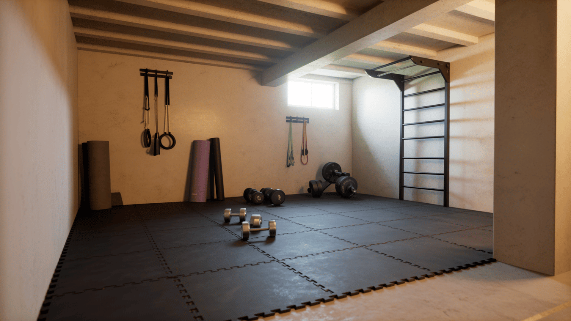 simple basement gym with rubber flooring, dumbbells, resistance bands, yoga mats, and wall bars under low ceiling beams