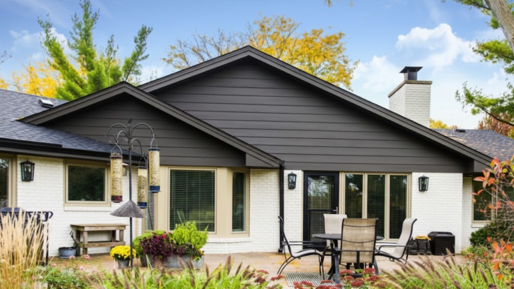 single story home with dark gray siding, light brick, large patio doors, and lush landscaping for a warm, modern exterior. (1)