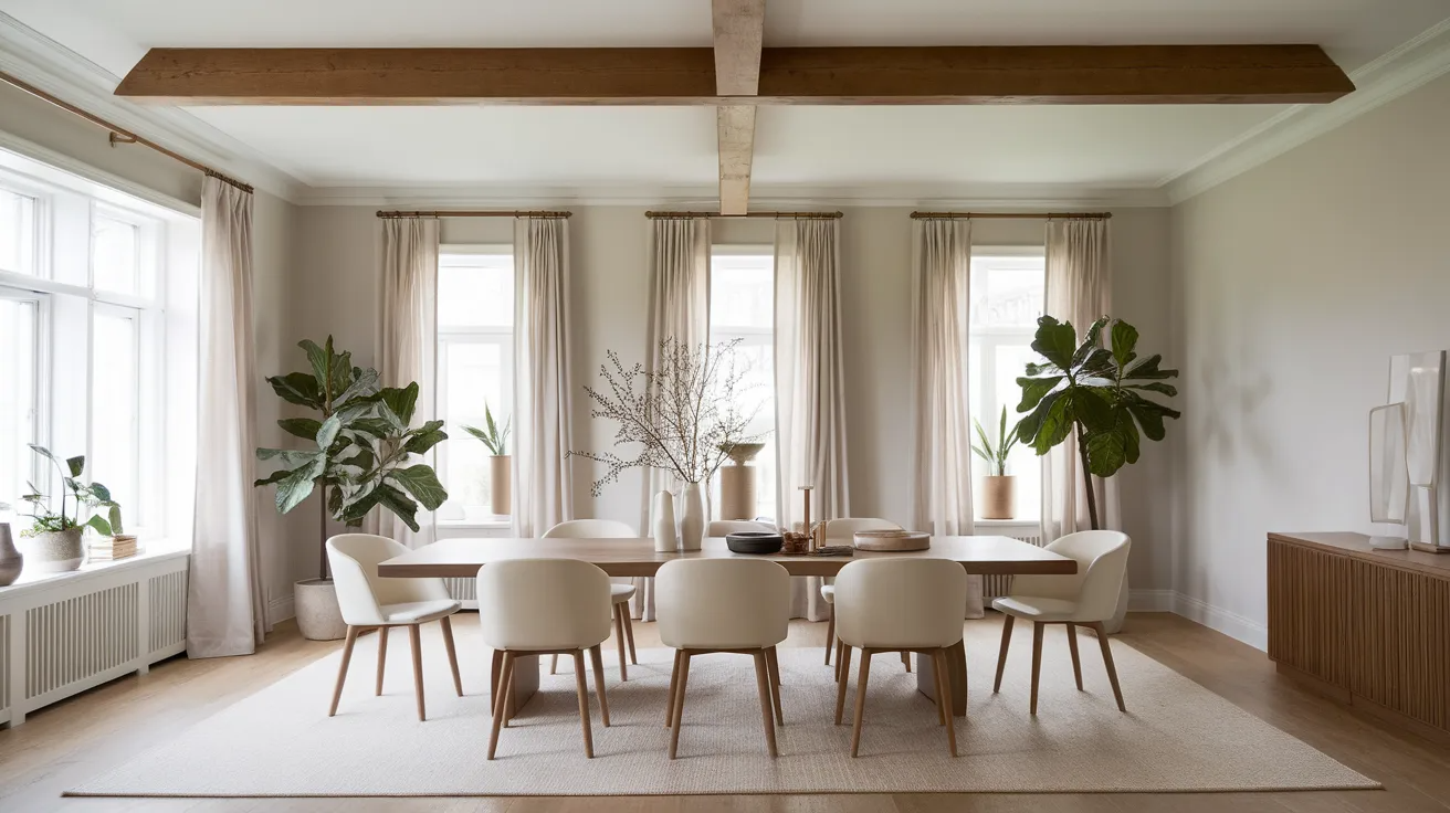 single wooden ceiling beam centered above a dining table in a modern neutral room