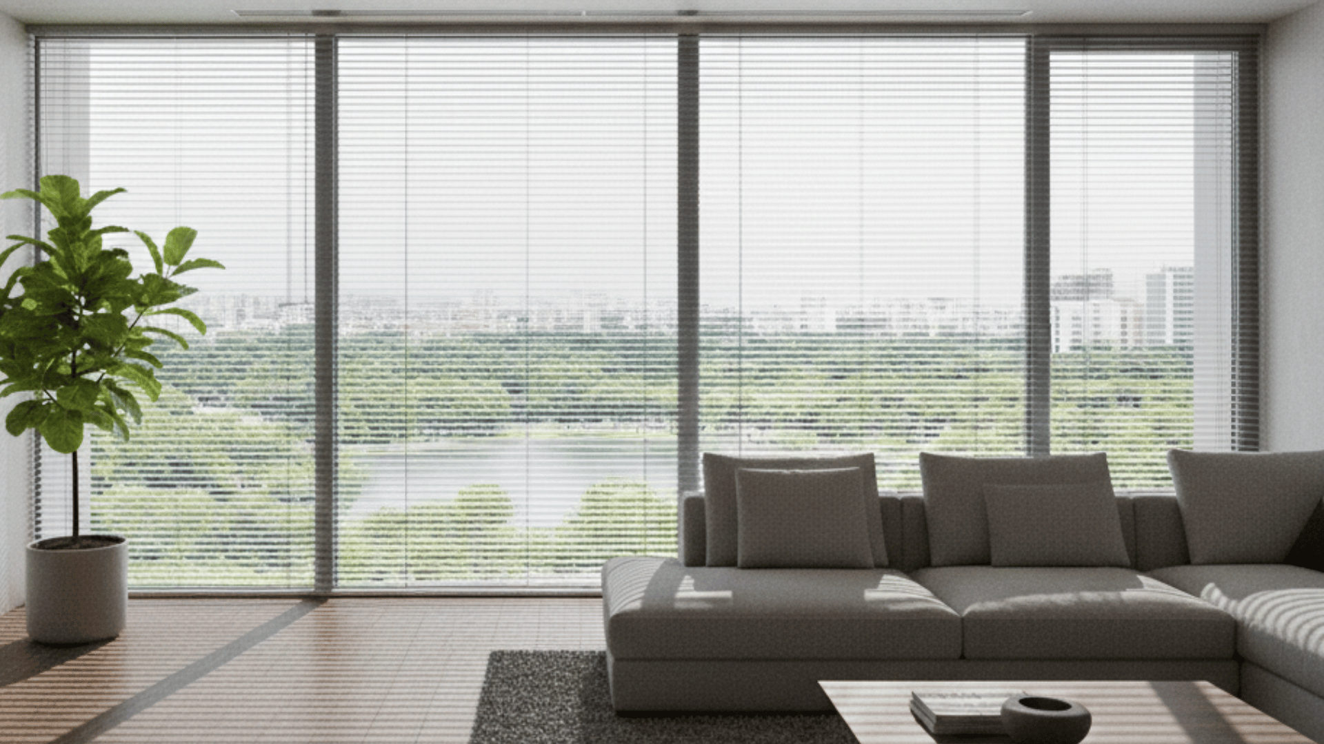 sleek metal blinds in a modern living room, filtering sunlight onto a grey sofa and wooden floors with a park view