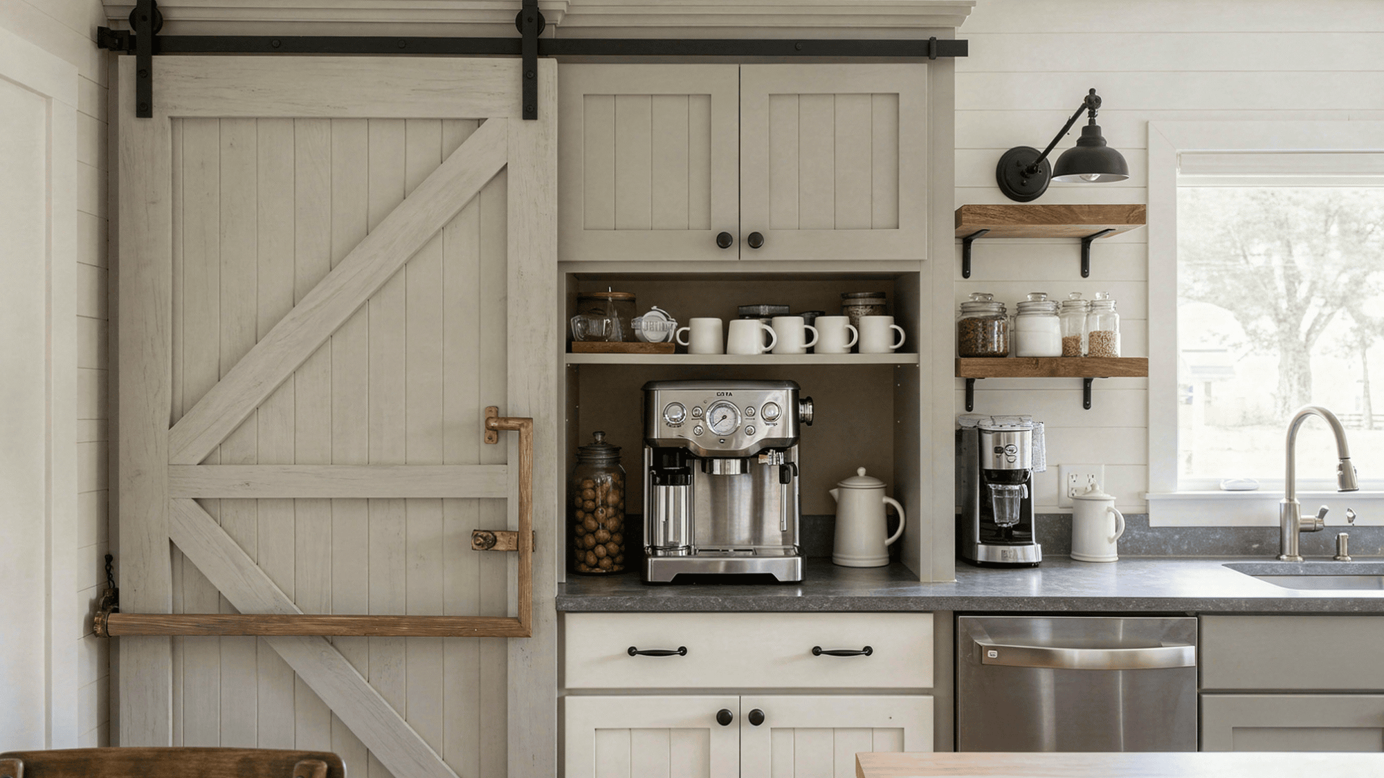 sliding barn door coffee cabinet in a farmhouse style kitchen