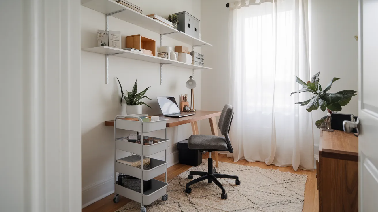 slim rolling storage cart next to desk in a small home office