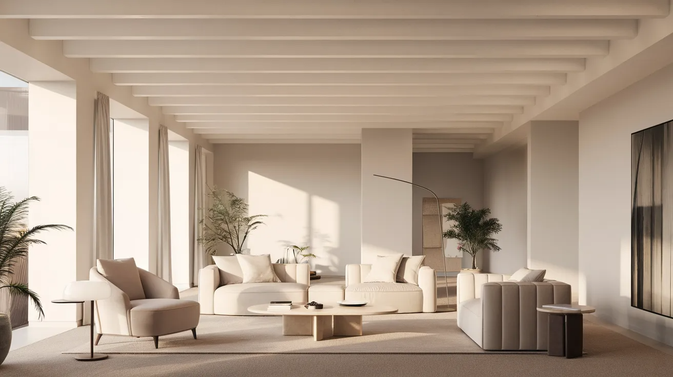 slim white ceiling beams in a modern minimalist living room