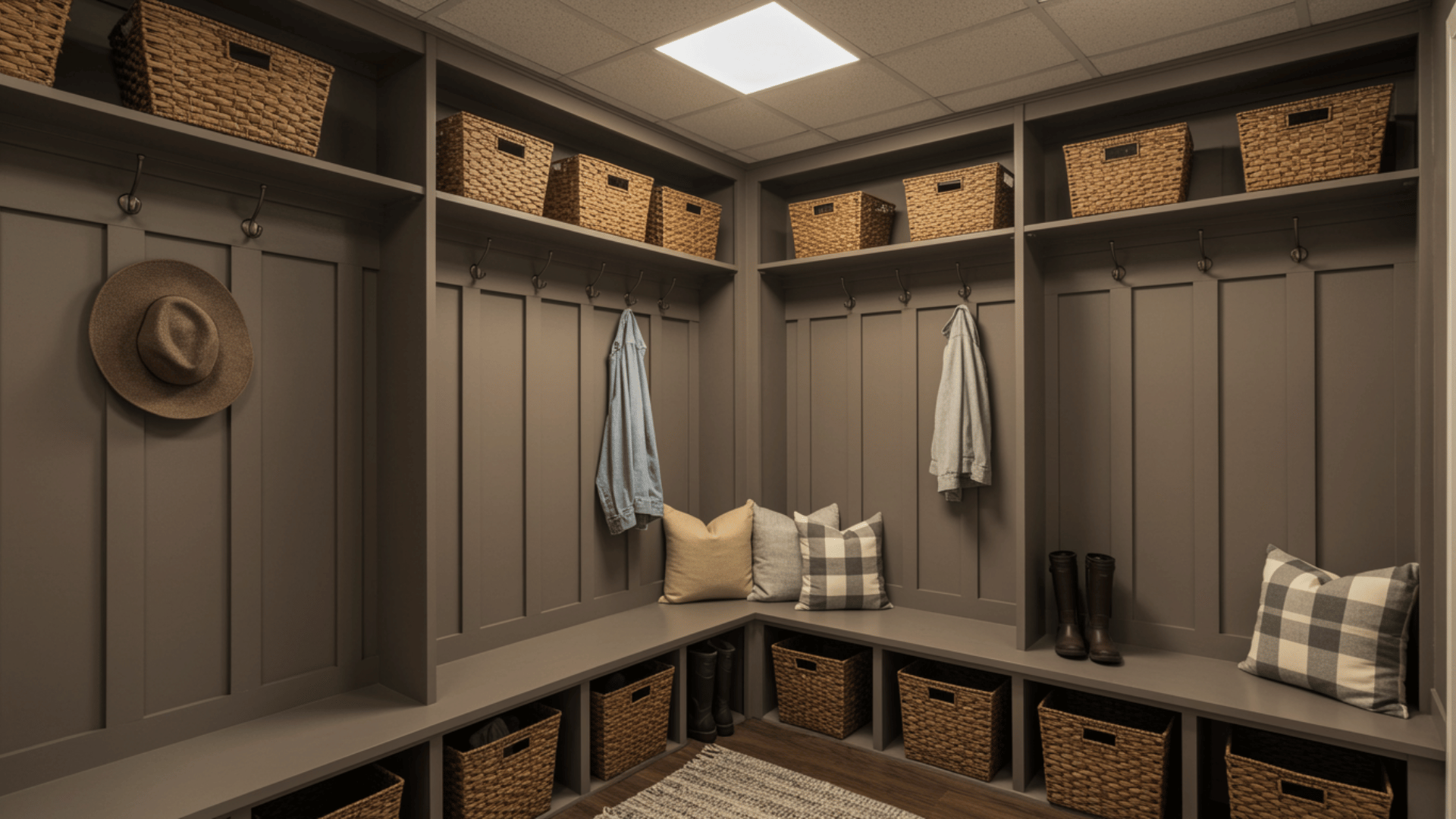 small basement mudroom with built in benches, hooks, woven baskets, pillows, boots, and a tidy organized layout