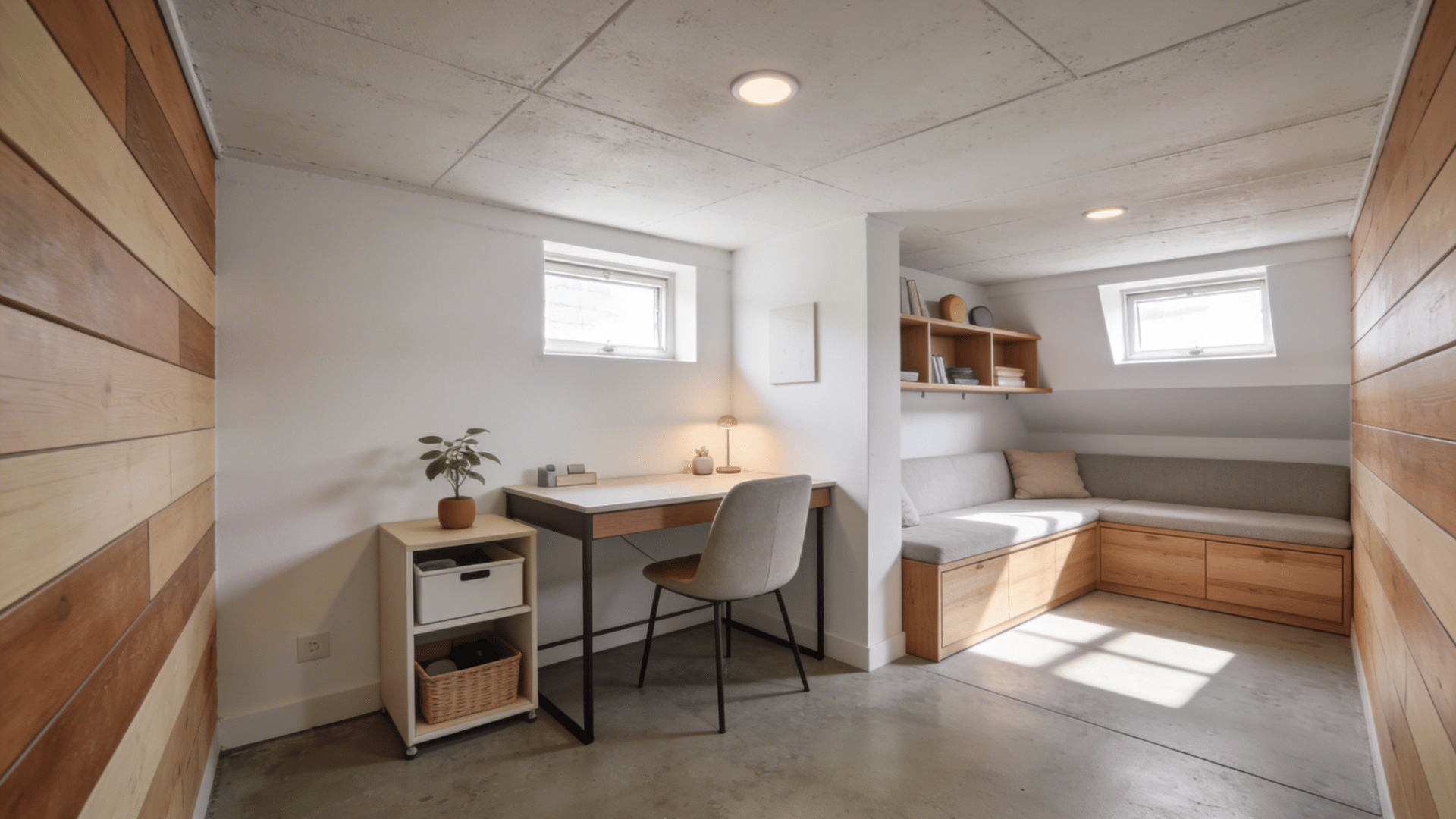 small finished basement lounge with neutral walls, simple seating, soft lighting, and a cozy layout for relaxing or TV time.