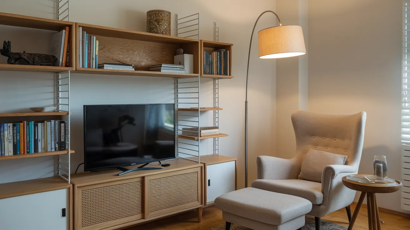 small living room combining tv area with a cozy reading corner using minimal furniture