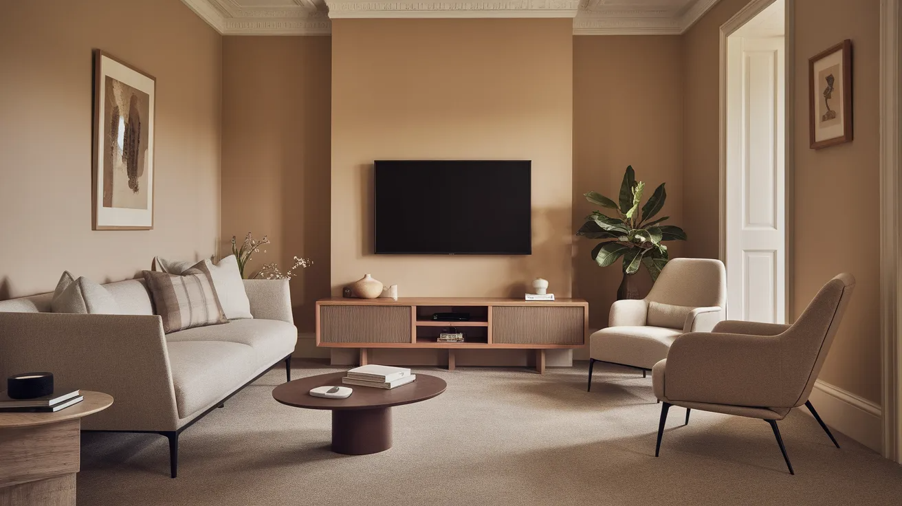 small living room featuring a slim tv console with wall mounted tv and minimal furniture for a clean and airy feel