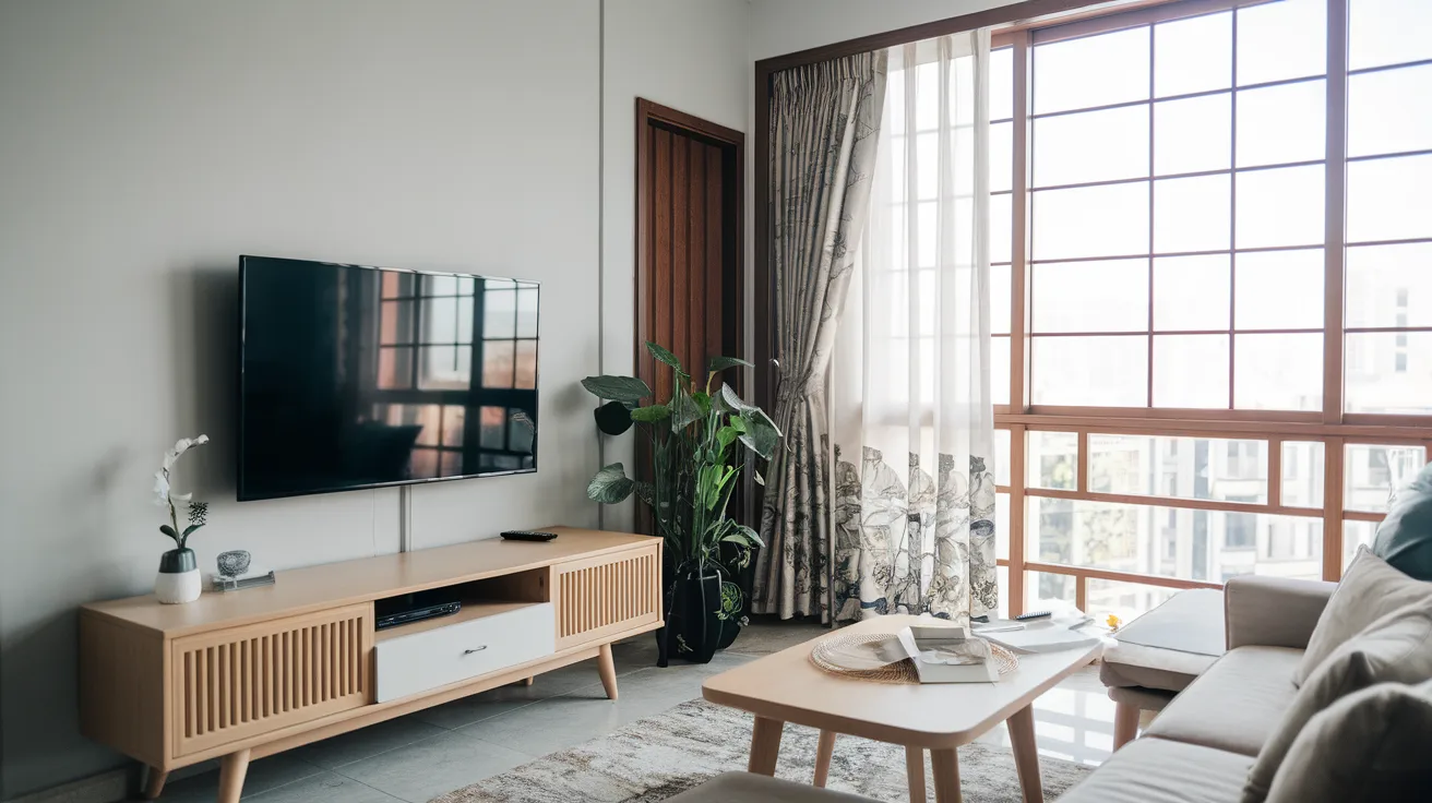 small living room with compact tv unit on open legs creating a lighter and less crowded look