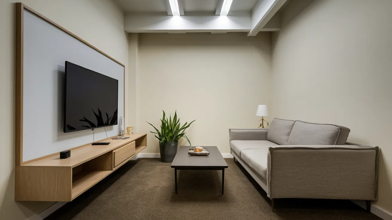 small living room with floating tv console and wall mounted tv creating a light and open look