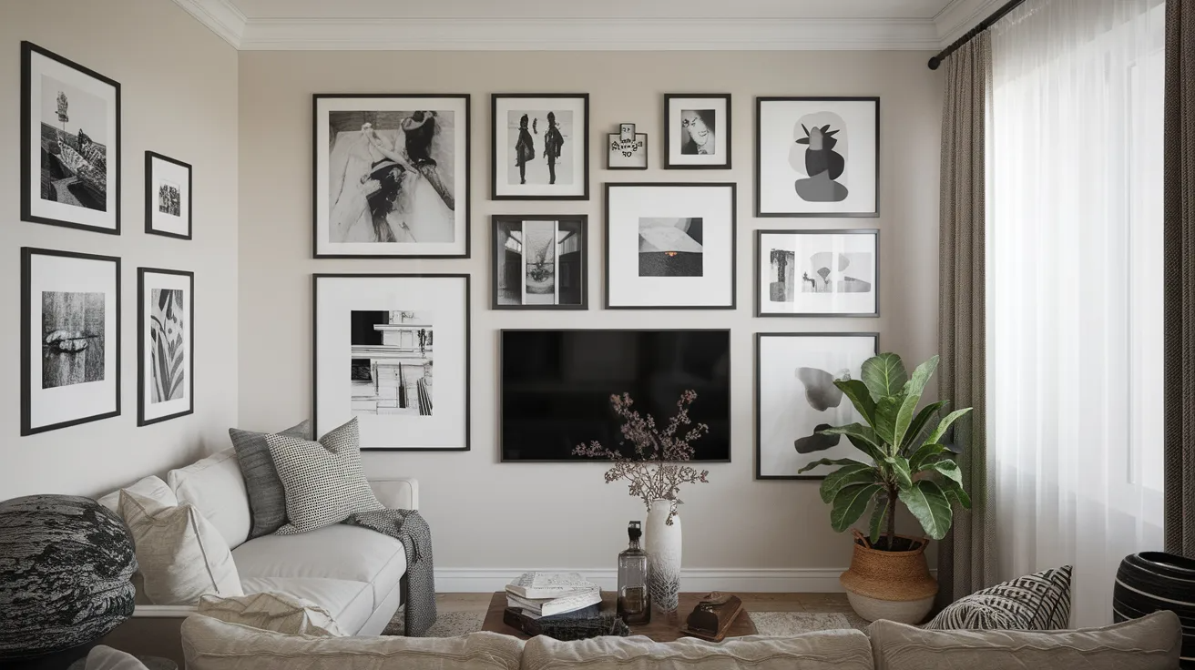 small living room with gallery wall surrounding the tv using framed art to blend the screen into the decor
